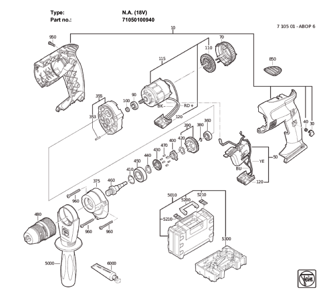 Figure 0 Diagram and Parts List for 71050100940  Fein Cordless Drill