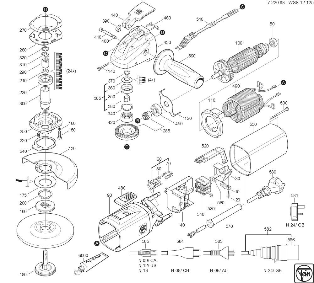  Diagram and Parts List for WSS12-125 72208800626 Fein Angle Grinder