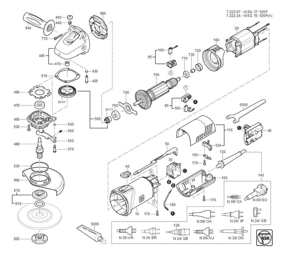  Diagram and Parts List for WSG17-125P 72220709360 Fein Angle Grinder