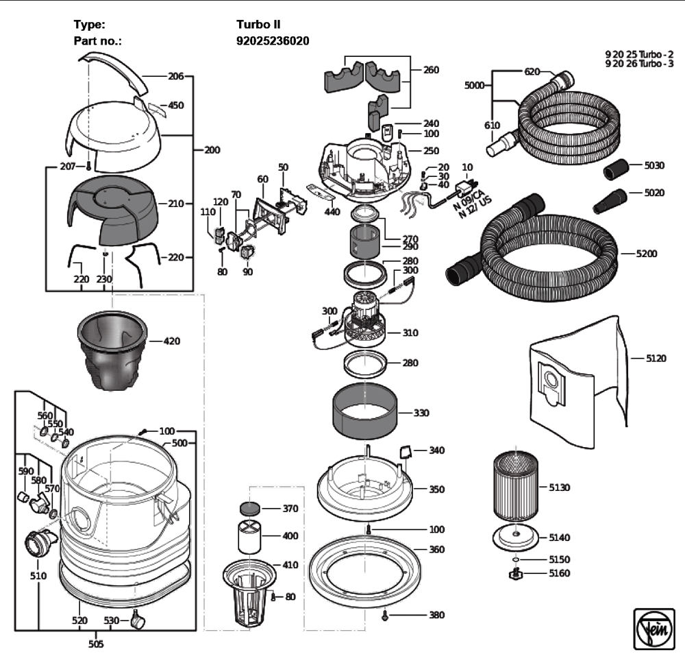 Figure 0 Diagram and Parts List for 92025236020  Fein Canister Vacuum