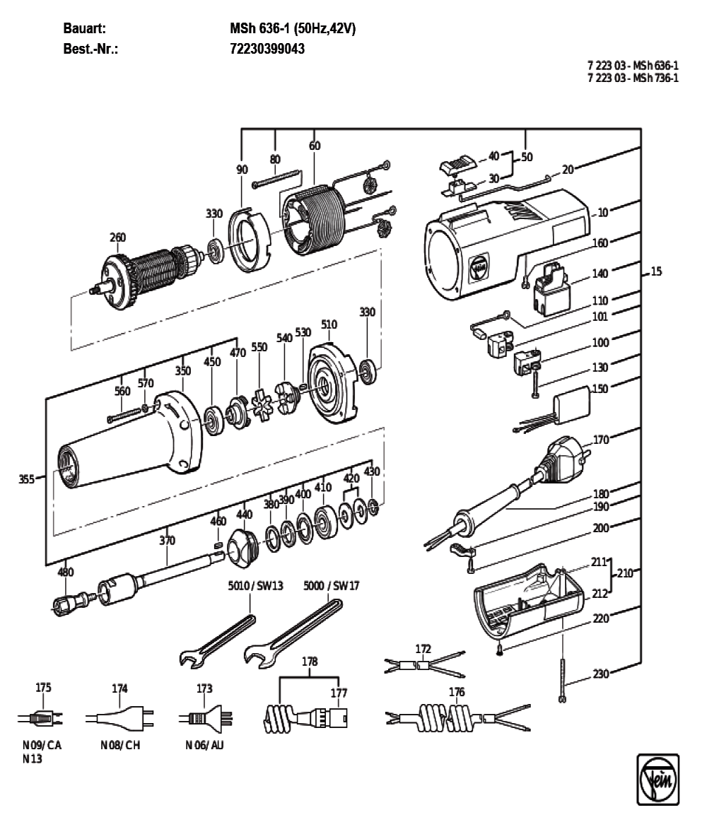 Figure 0 Diagram and Parts List for 72230399043  Fein Grinder