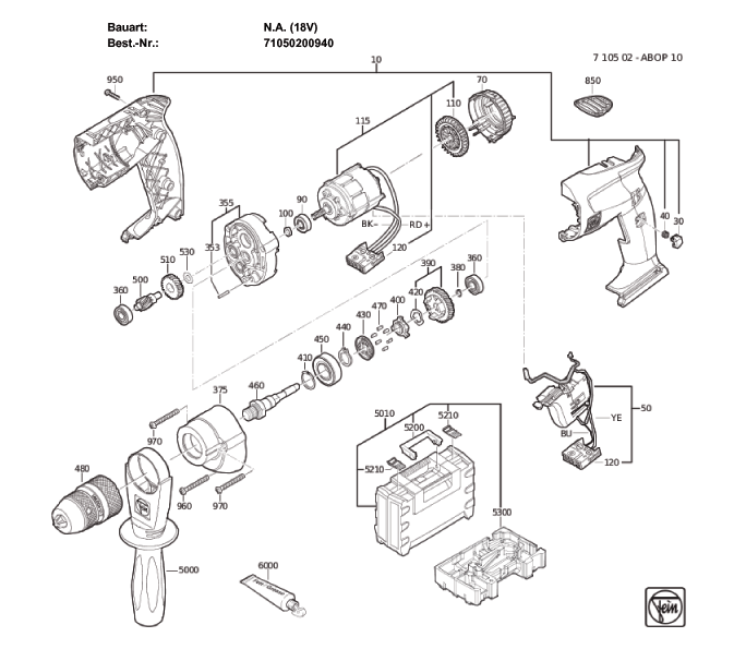 Figure 0 Diagram and Parts List for 71050200940  Fein Cordless Drill