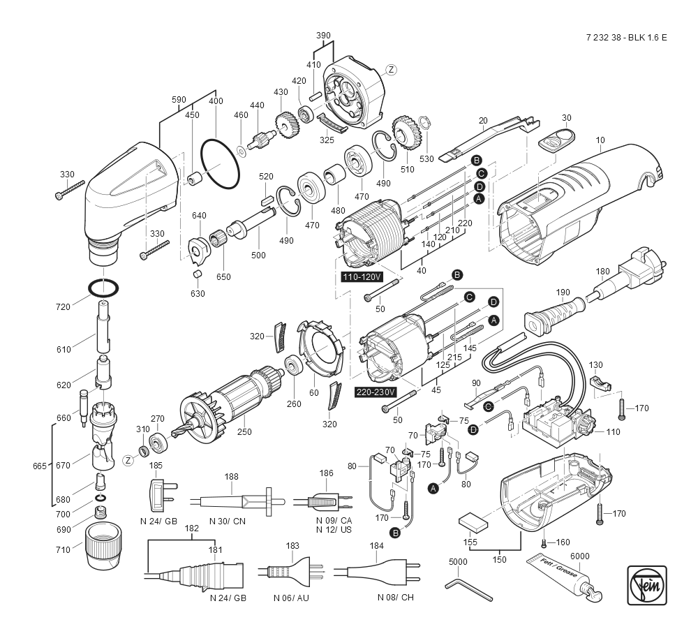  Diagram and Parts List for BLK16E 72323809360 Fein Nibbler & Shears