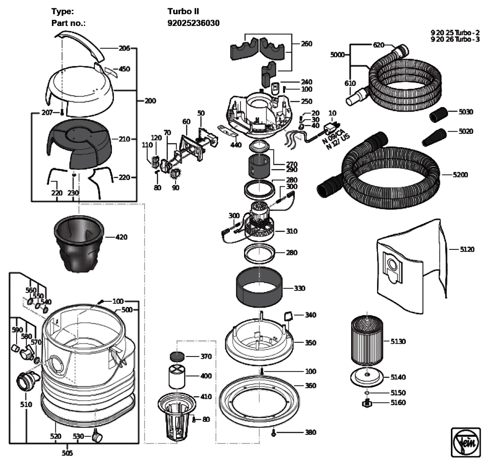 Figure 0 Diagram and Parts List for 92025236030  Fein Canister Vacuum