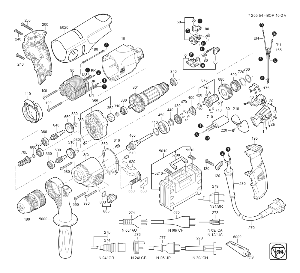  Diagram and Parts List for BOP10-2 72055409110 Fein Electric Drill