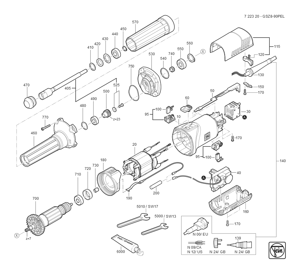  Diagram and Parts List for GSZ8-90PEL 72232009360 Fein Die Grinder