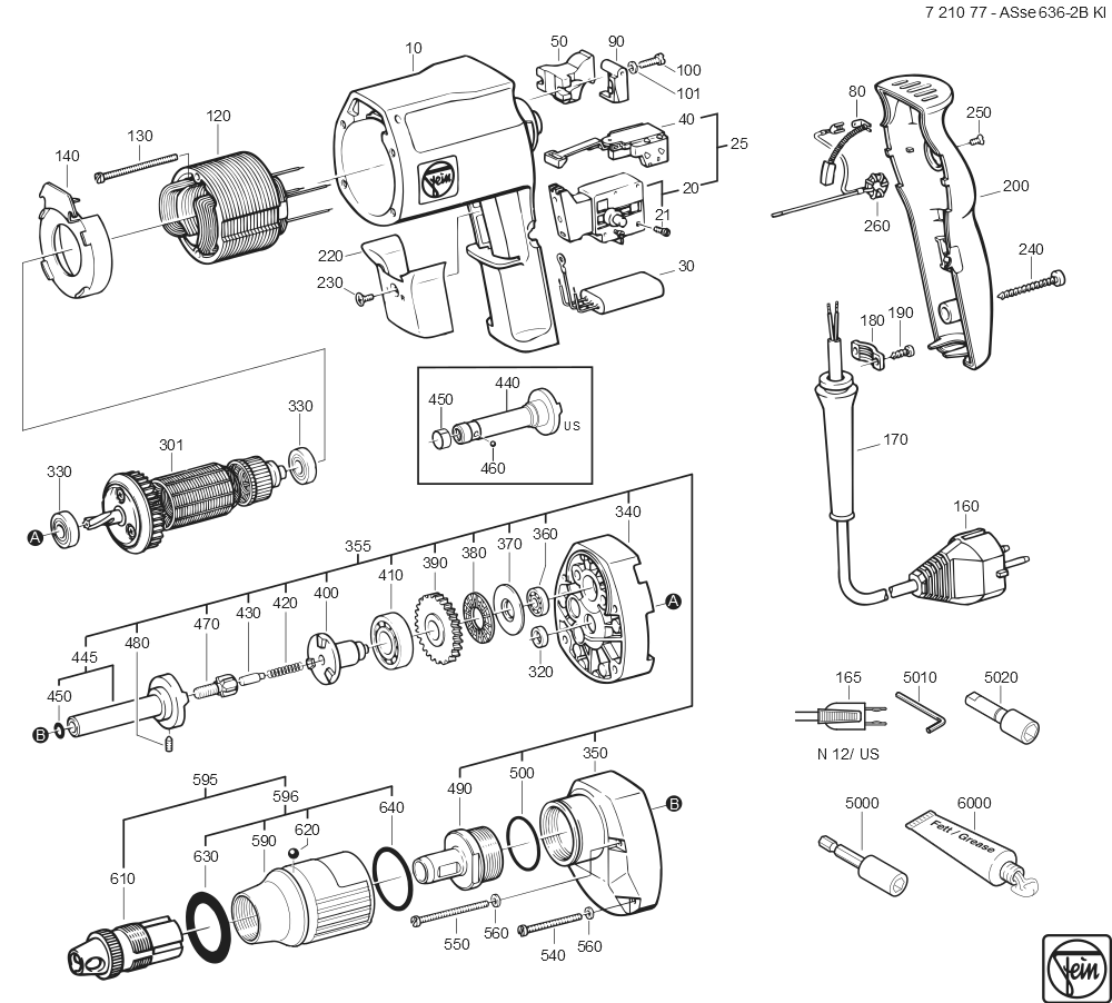 Diagram and Parts List for ASSE636-2BKINETIK 72107712111 Fein Electric Drill