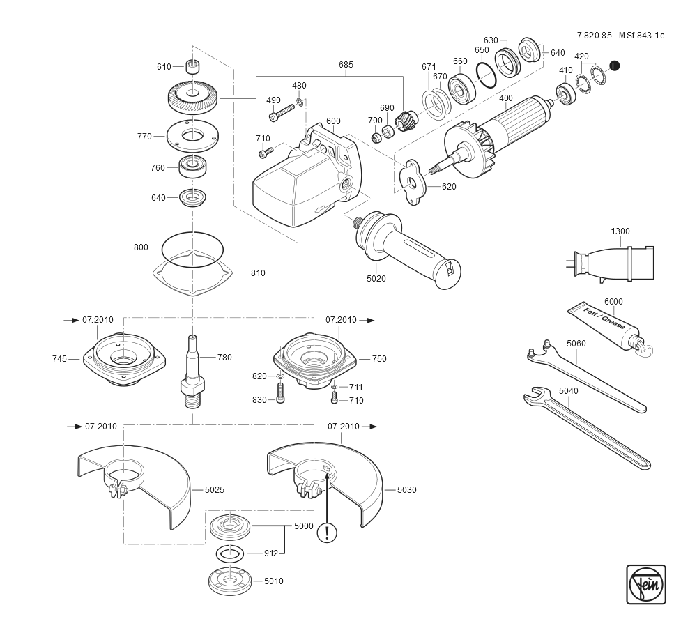  Diagram and Parts List for MSF843-1C 78208595090 Fein Angle Grinder