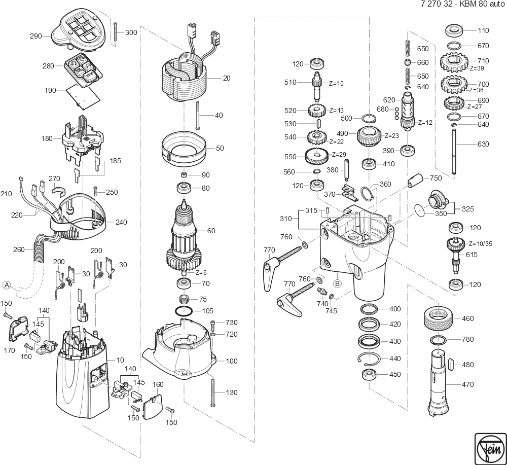  Diagram and Parts List for KBM80AUTO 72703209360 Fein Mortiser