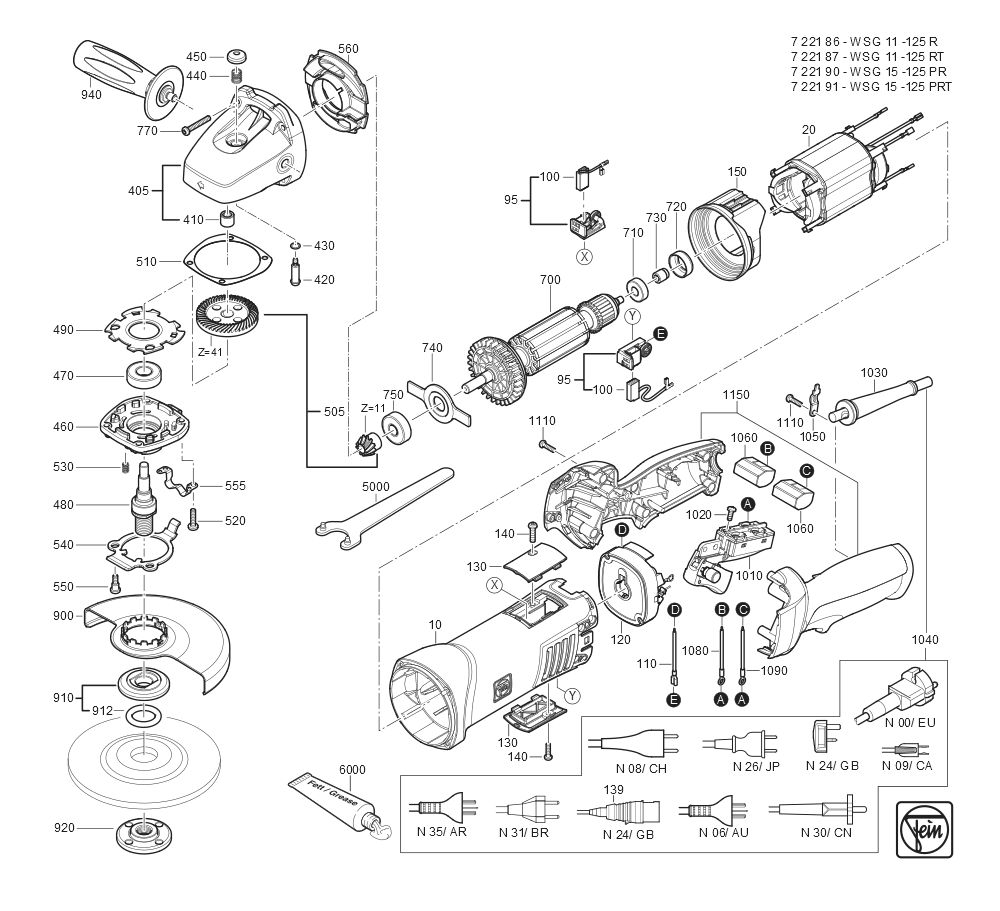  Diagram and Parts List for WSG15-125PR 72219009360 Fein Angle Grinder