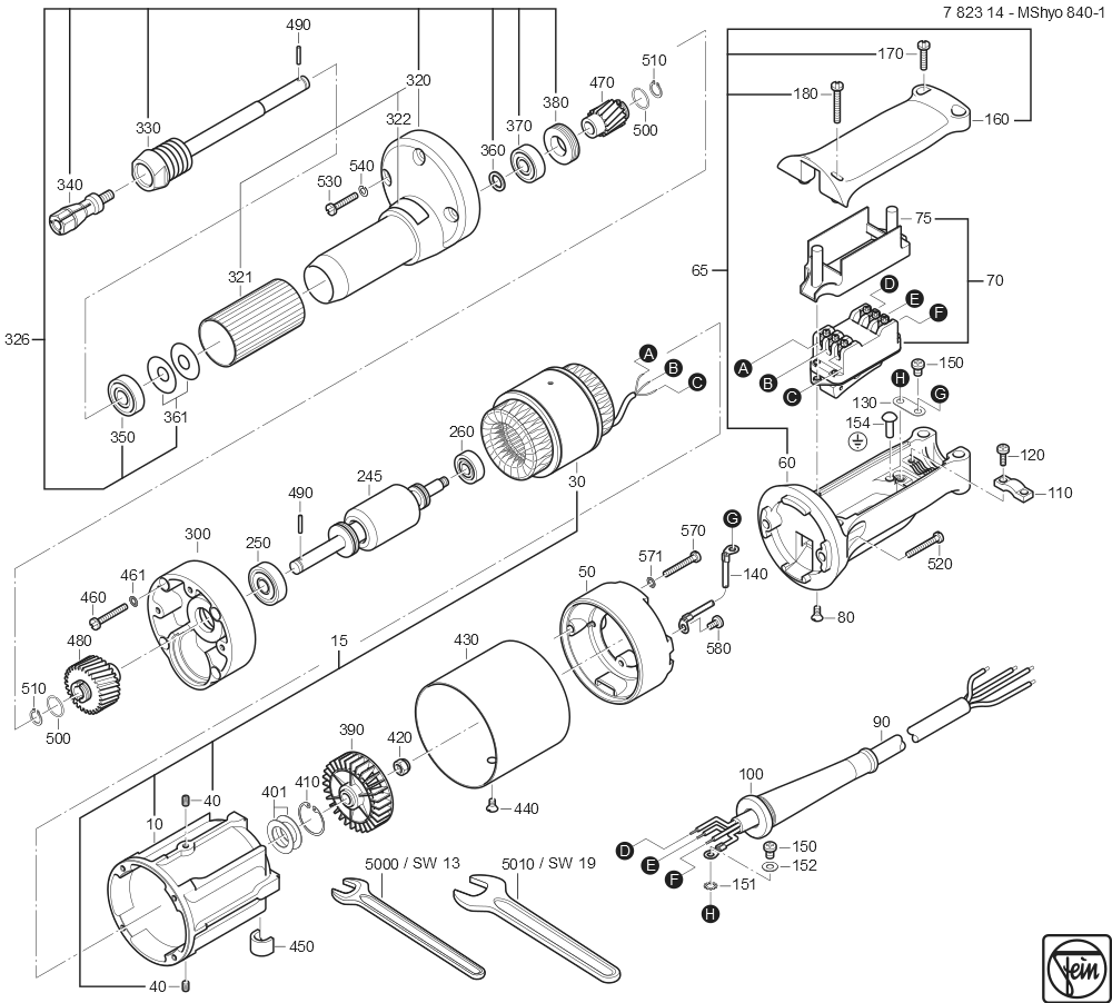  Diagram and Parts List for MSHYO840-1CB2018 78231499263 Fein Angle Grinder