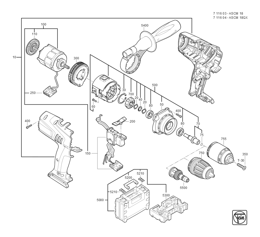  Diagram and Parts List for ASCM18 71160300940 Fein Cordless Drill