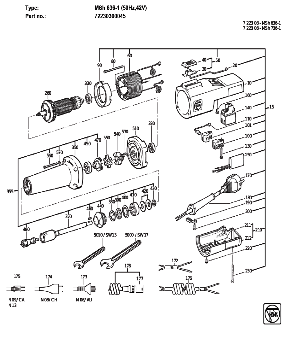 Figure 0 Diagram and Parts List for 72230300045  Fein Grinder