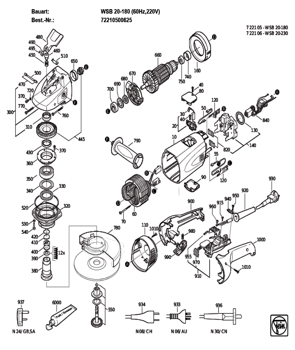 Figure 0 Diagram and Parts List for 72210500625  Fein Grinder