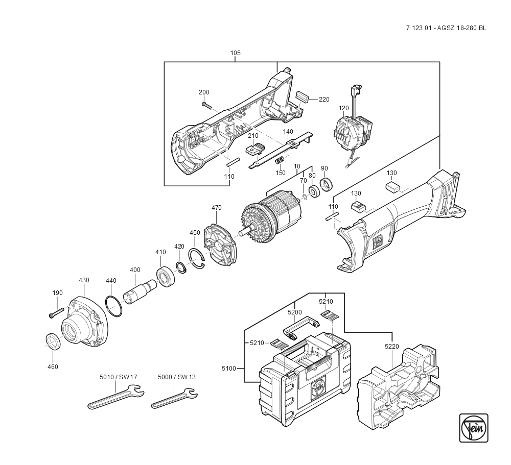  Diagram and Parts List for AGSZ18-280BL 71230109940 Fein Die Grinder