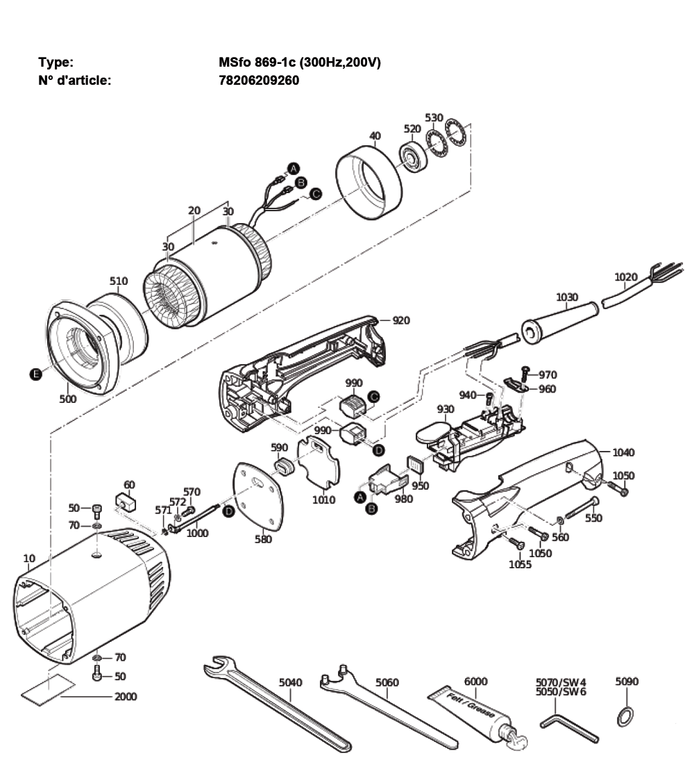 Figure 1 Diagram and Parts List for 78206209260  Fein Grinder
