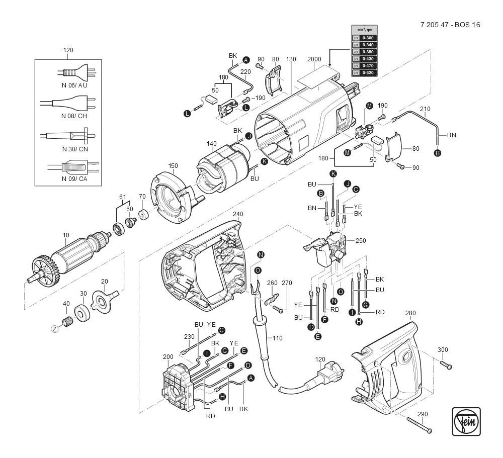  Diagram and Parts List for BOS16 72054709360 Fein Electric Drill