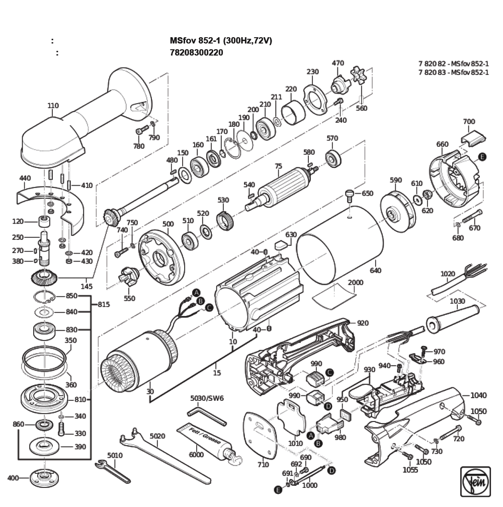 Figure 0 Diagram and Parts List for 78208300220  Fein Grinder