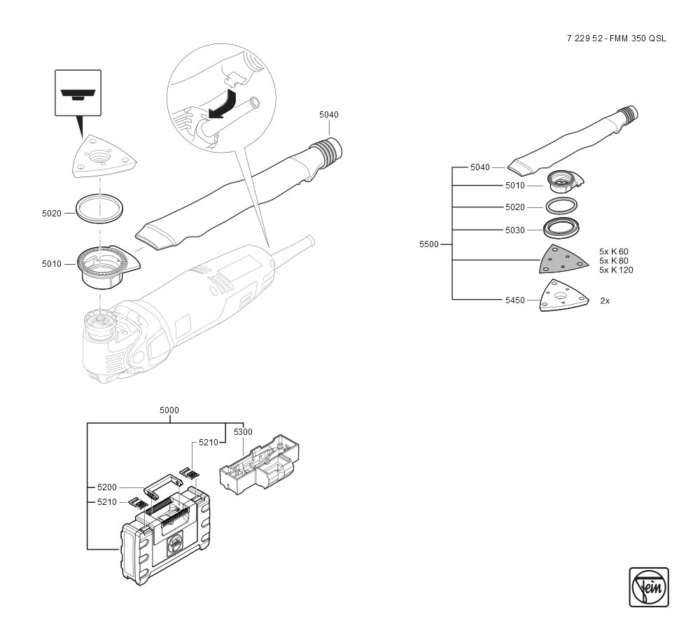  Diagram and Parts List for FMM350QSL 72295209360 Fein Multi-Tool
