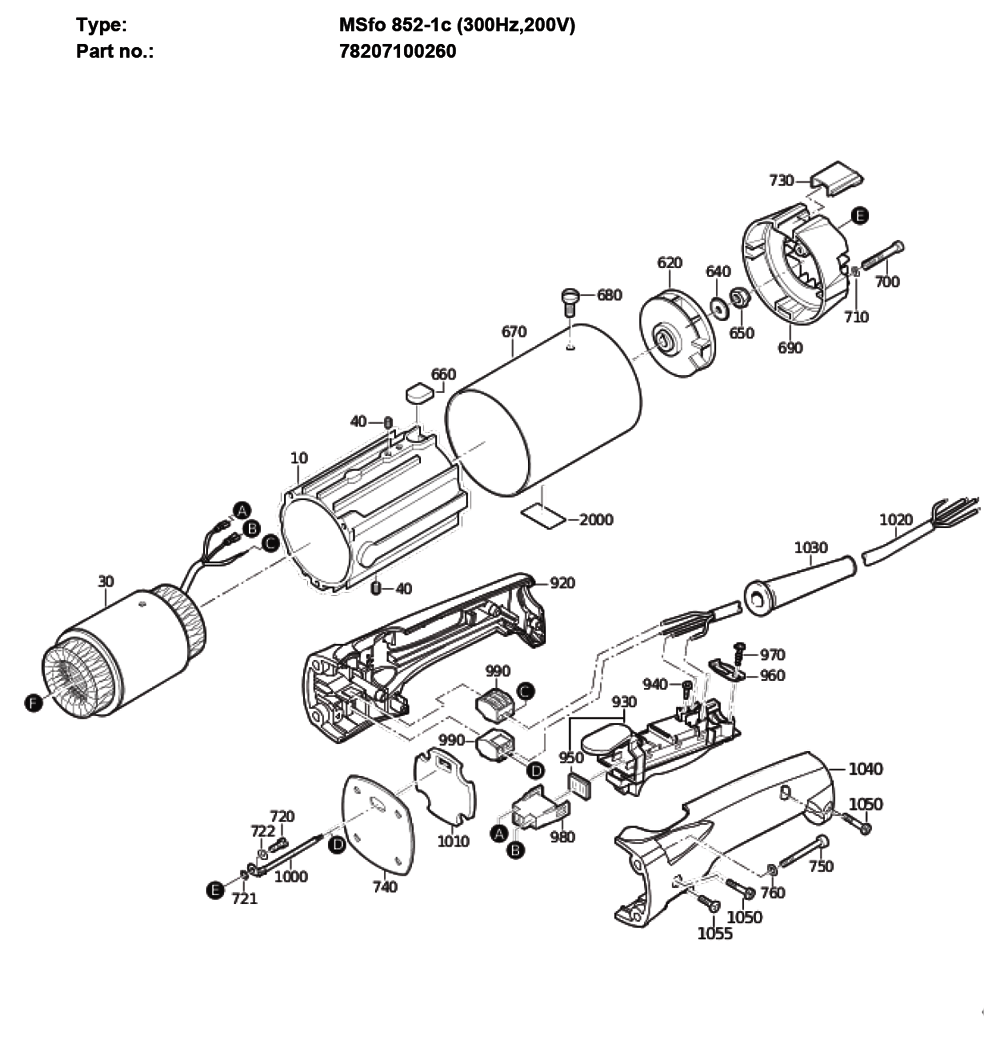 Figure 1 Diagram and Parts List for 78207100260  Fein Grinder