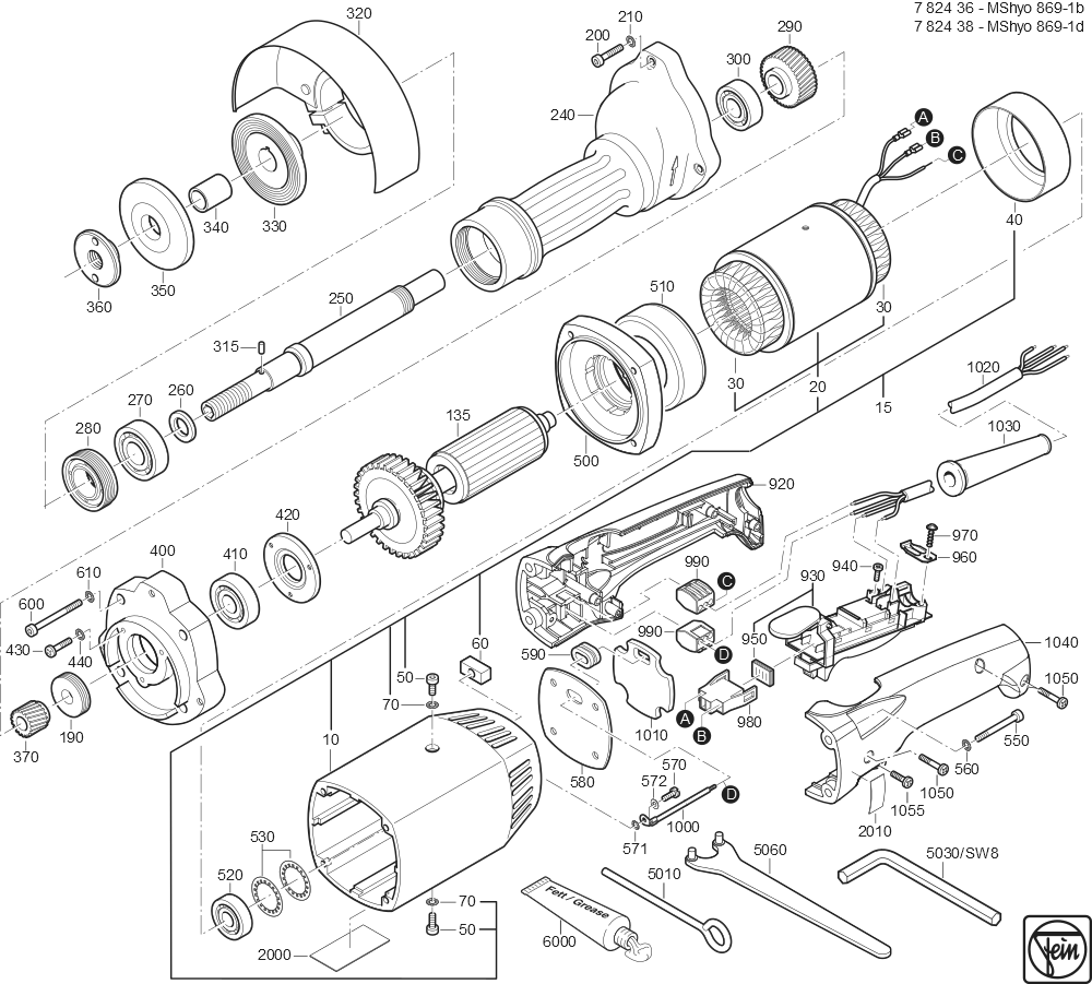  Diagram and Parts List for MSHYO869-1B 78243600200 Fein Angle Grinder
