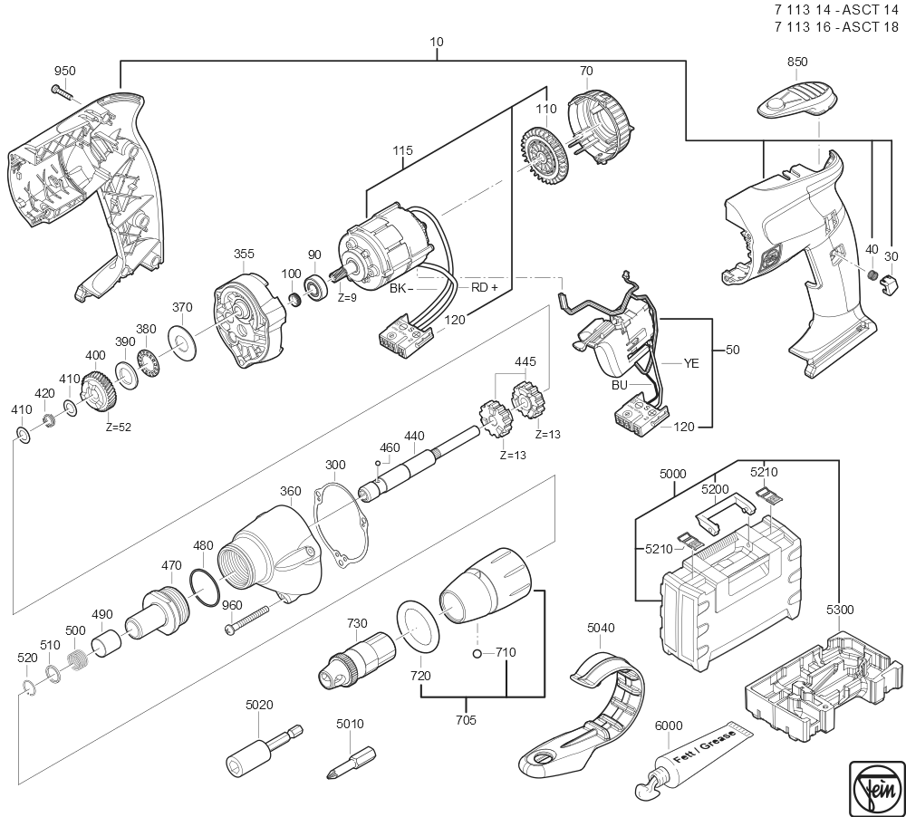  Diagram and Parts List for ASCT14 71131400950 Fein Electric Drill