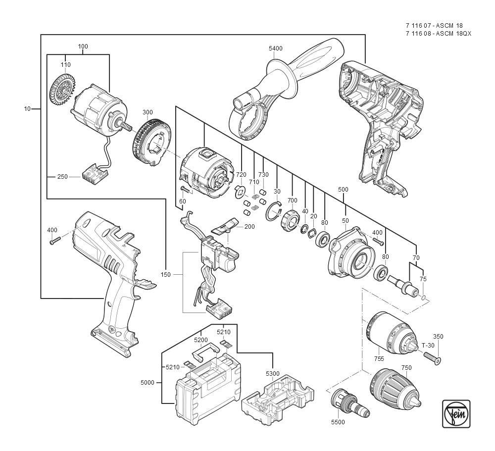  Diagram and Parts List for ASCM18QX 71160800940 Fein Cordless Drill