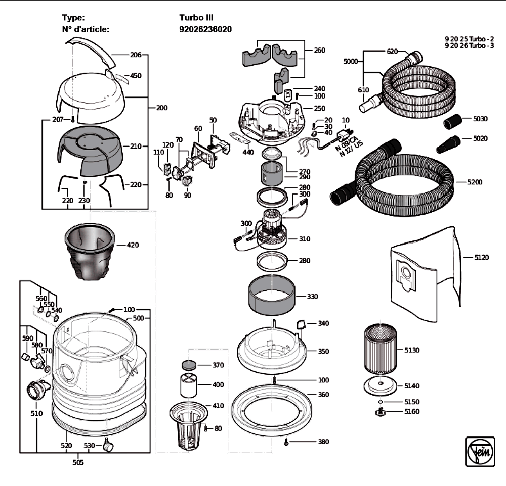 Figure 0 Diagram and Parts List for 92026236020  Fein Canister Vacuum