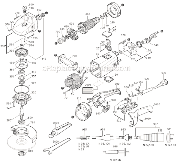 Page A Diagram and Parts List for WSG20-180 72210709637 Fein Angle Grinder