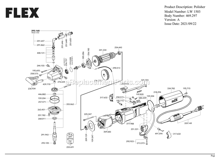Page A Diagram and Parts List for LW1503 A Flex Sander Polisher