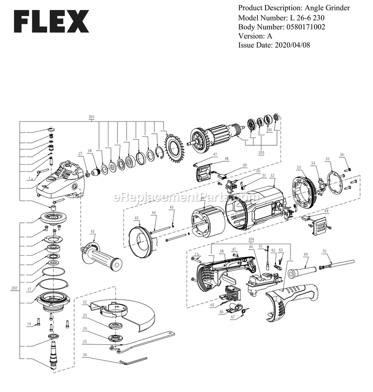 Page A Diagram and Parts List for L26-6230 A Flex Sander Grinder