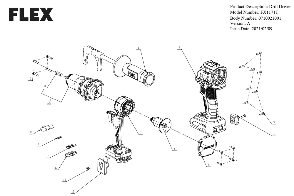 Section 1 Diagram and Parts List for FX1171T A Flex Hammer Drill