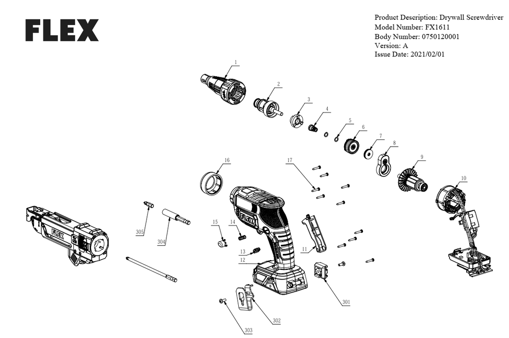 Section 1 Diagram and Parts List for FX1611 A Flex Screwdriver