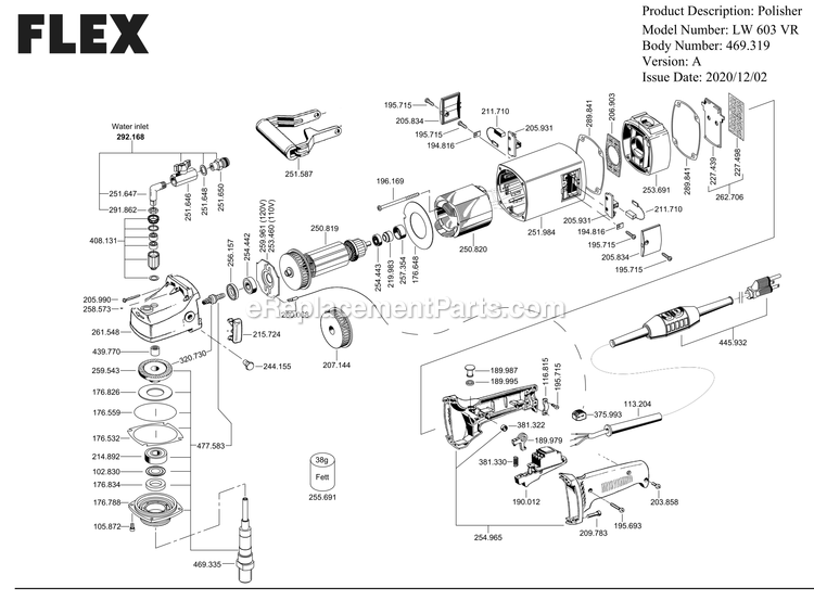 Page A Diagram and Parts List for LW603VR A Flex Sander Polisher