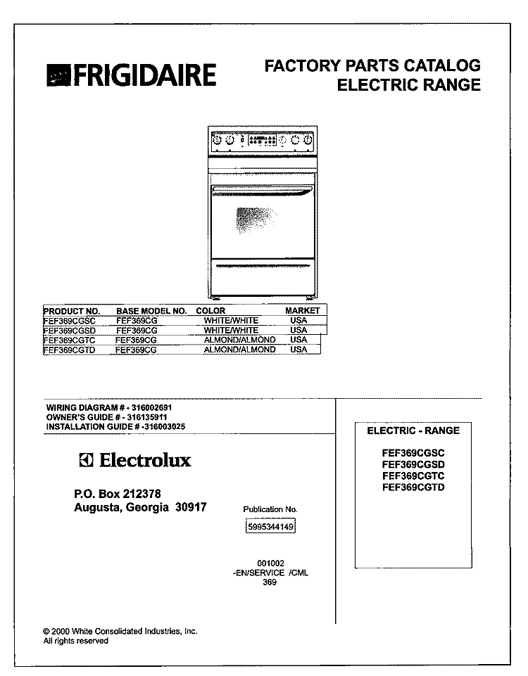 COVER Diagram and Parts List for FEF369CGTC  Frigidaire Range