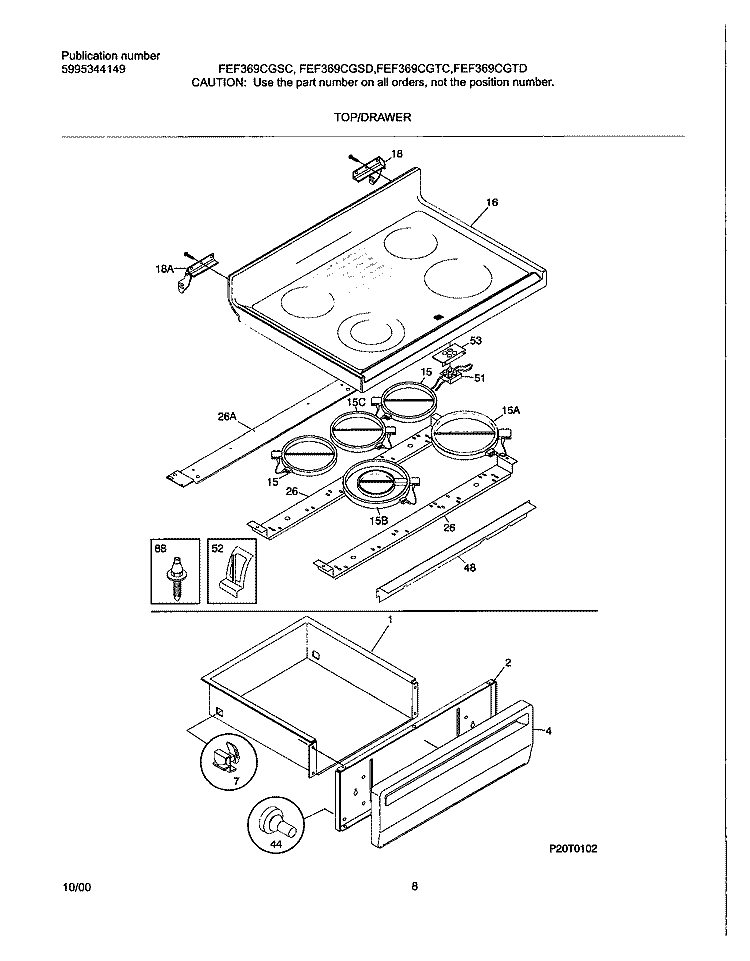 TOP / DRAWER Diagram and Parts List for FEF369CGTC  Frigidaire Range