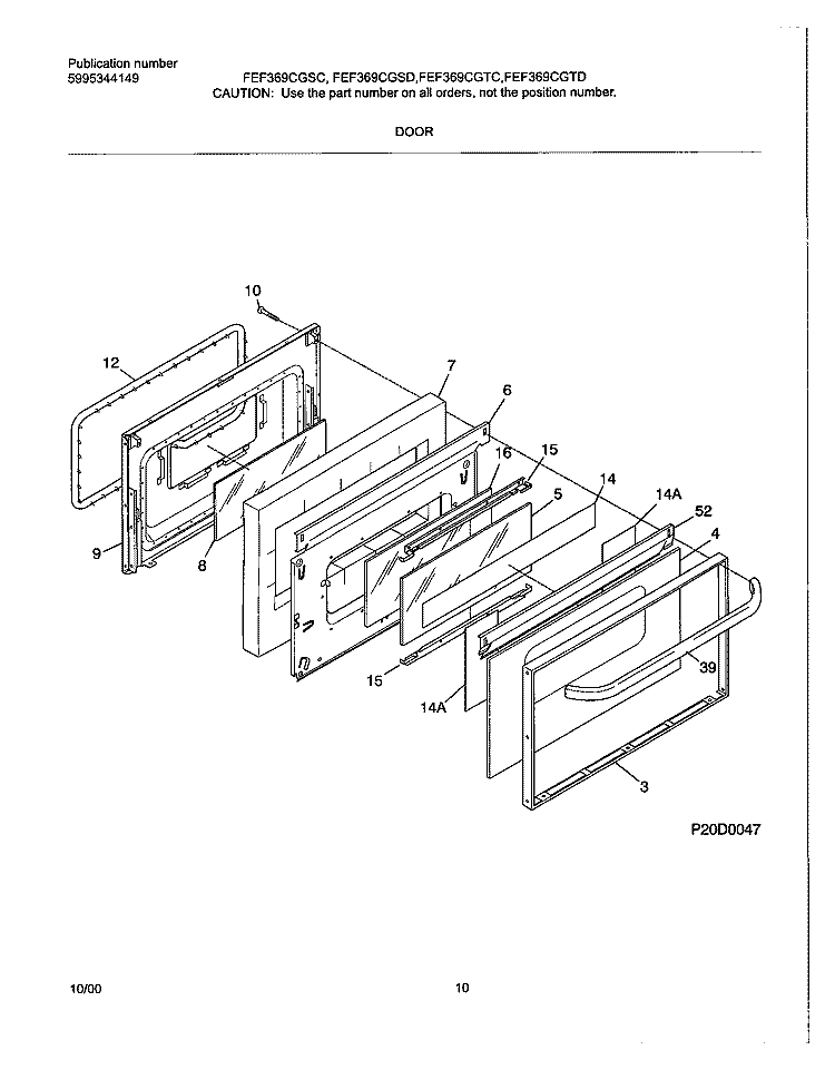DOOR Diagram and Parts List for FEF369CGTC  Frigidaire Range