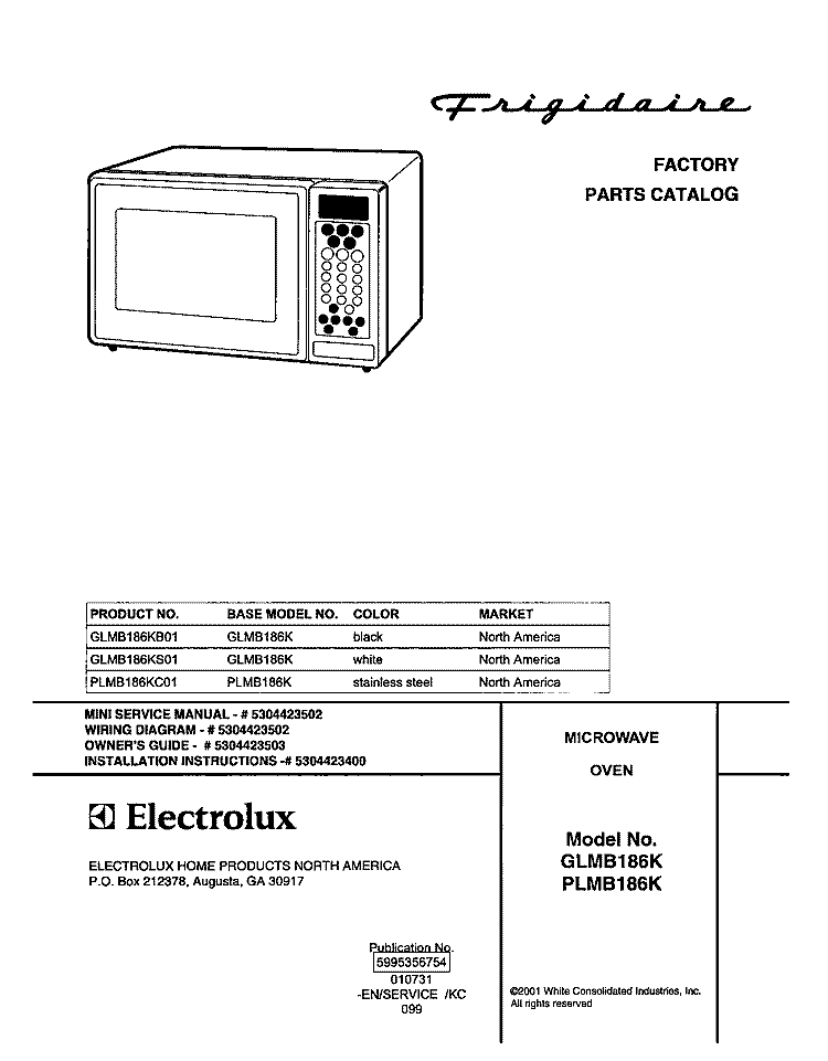 COVER Diagram and Parts List for GLMB186KS01  Frigidaire Microwave