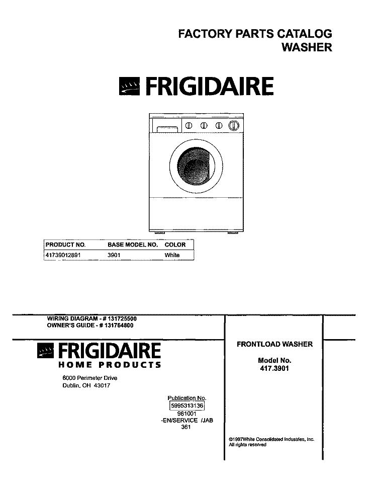 COVER Diagram and Parts List for 41739012891  Frigidaire Washer
