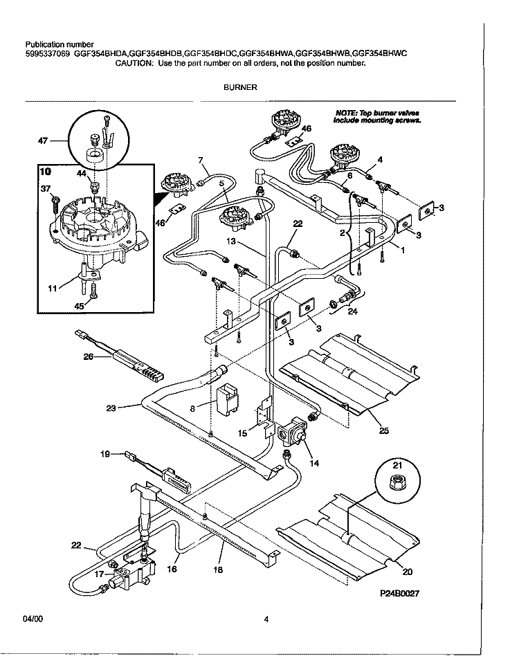 BURNER Diagram and Parts List for GGF354BHWB  Gibson Range