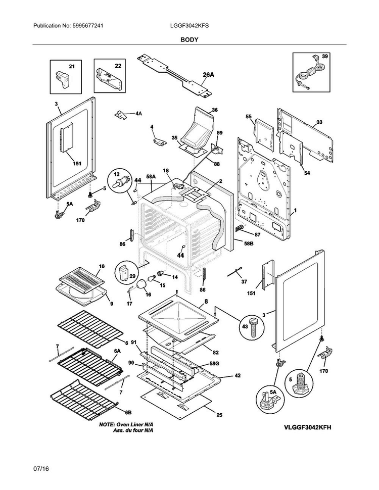 Body Diagram and Parts List for LGGF3042KFS  Frigidaire Range