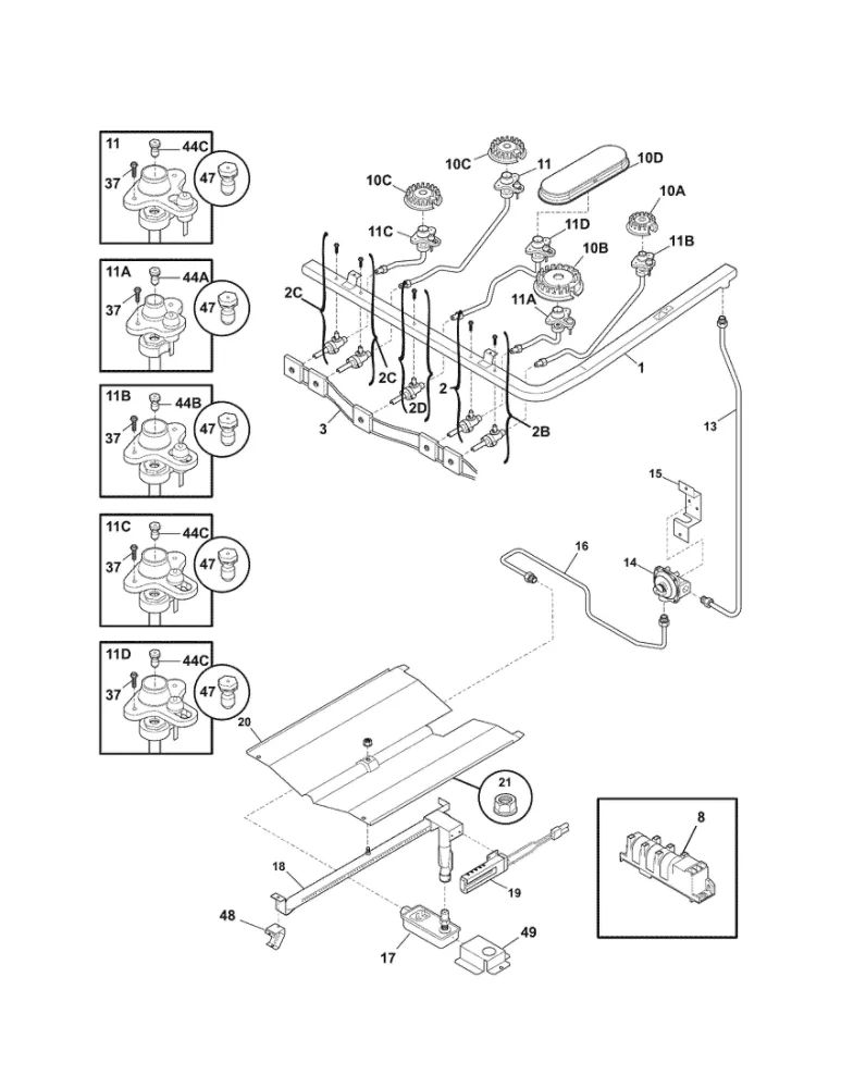 Burner Diagram and Parts List for 79071314703  Kenmore Range