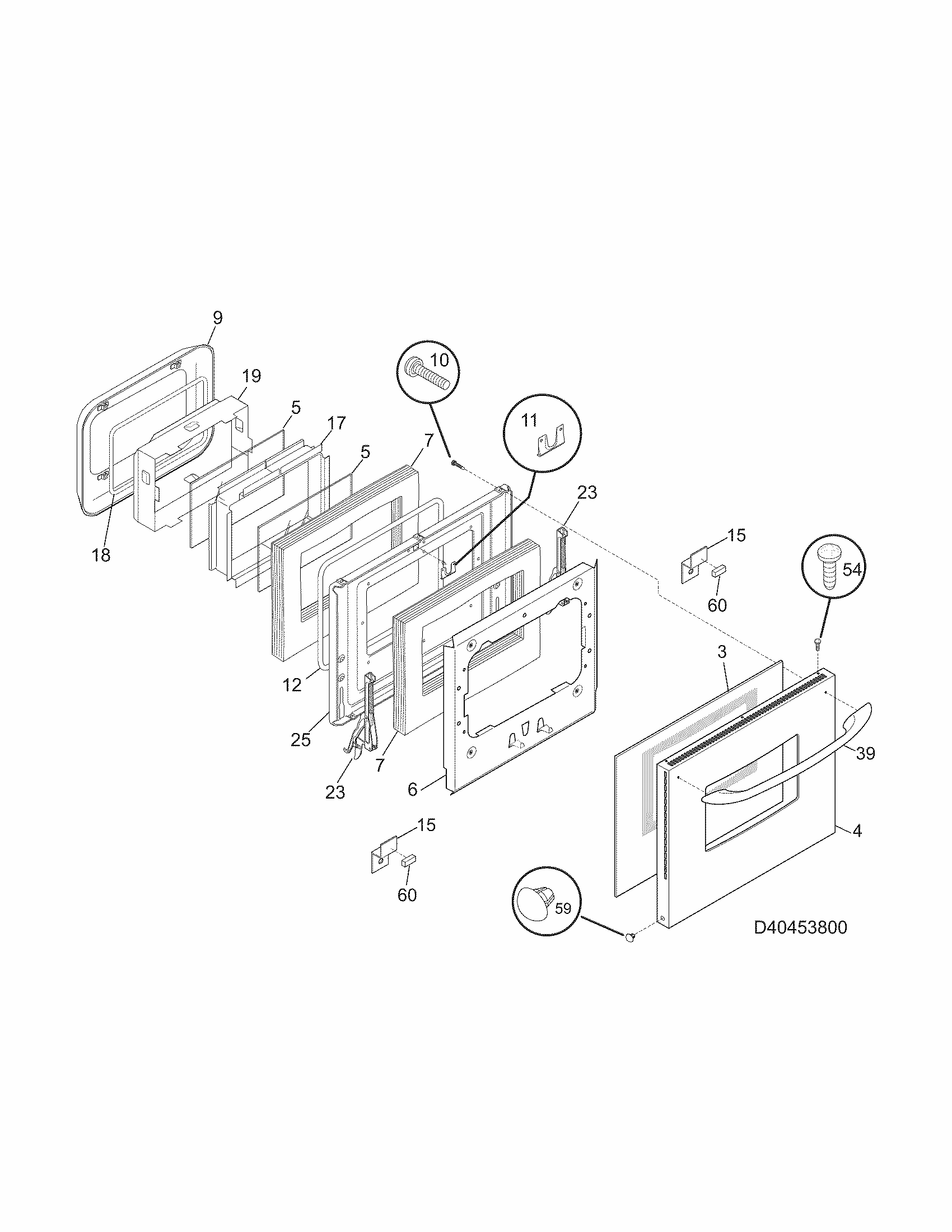 Door Diagram and Parts List for 79040453800  Kenmore Wall Oven