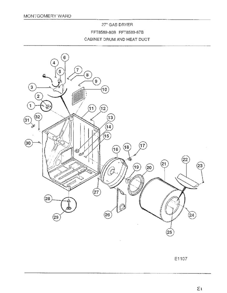 Cabinet Drum/heat Duct Diagram and Parts List for 8589-87B  Frigidaire Dryer