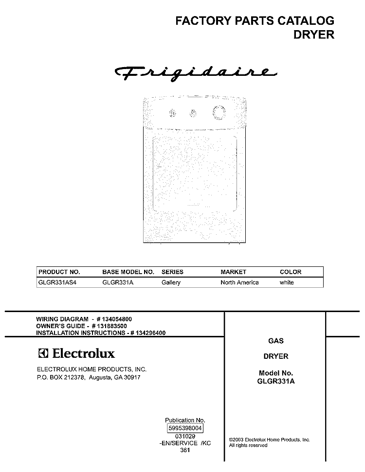 COVER Diagram and Parts List for GLGR331AS4  Frigidaire Dryer