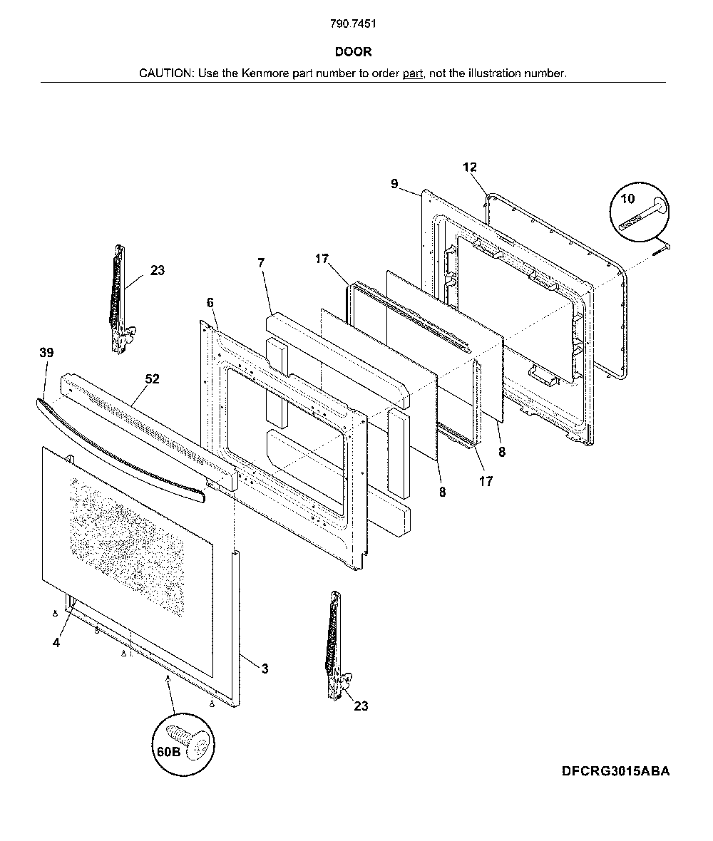 Door Diagram and Parts List for 79074512910  Kenmore Range