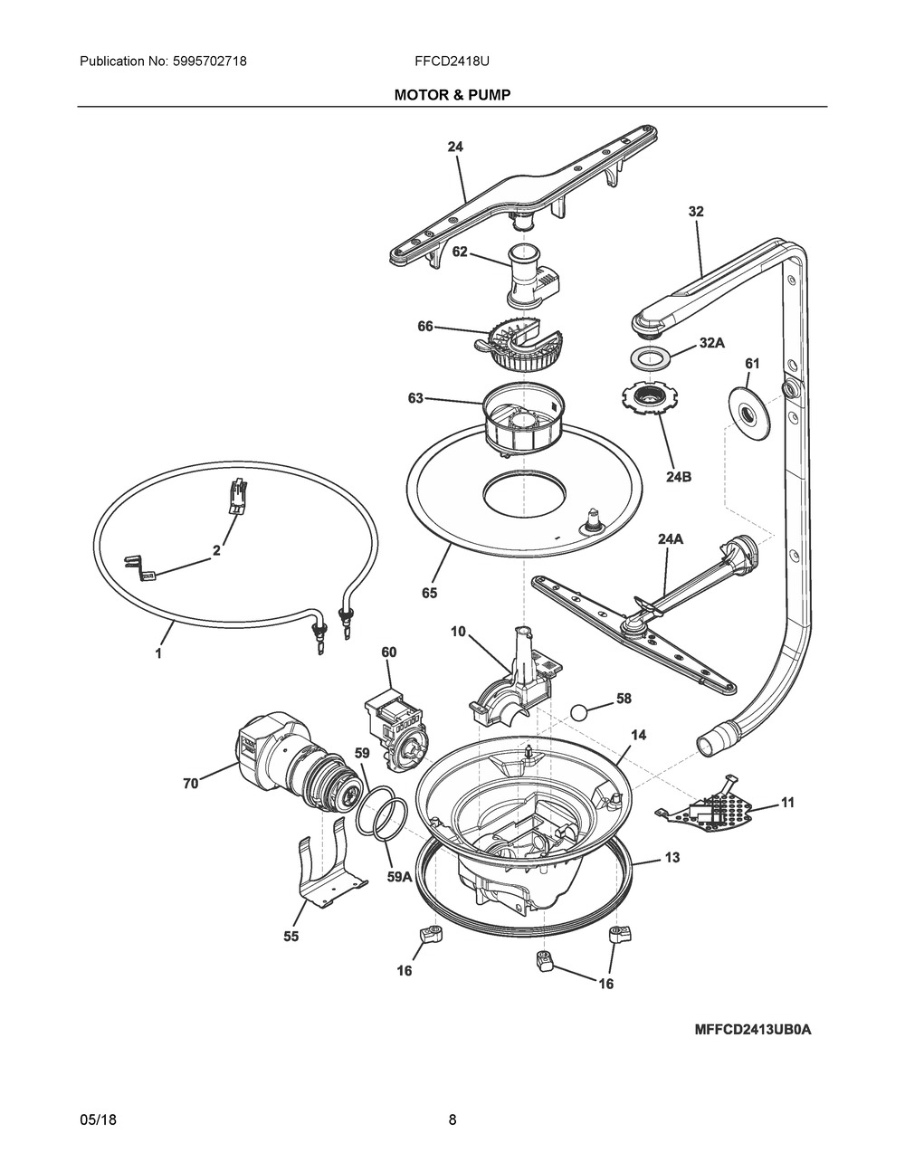 Motor & Pump Diagram and Parts List for FFCD2418UB0A  Frigidaire Dishwasher