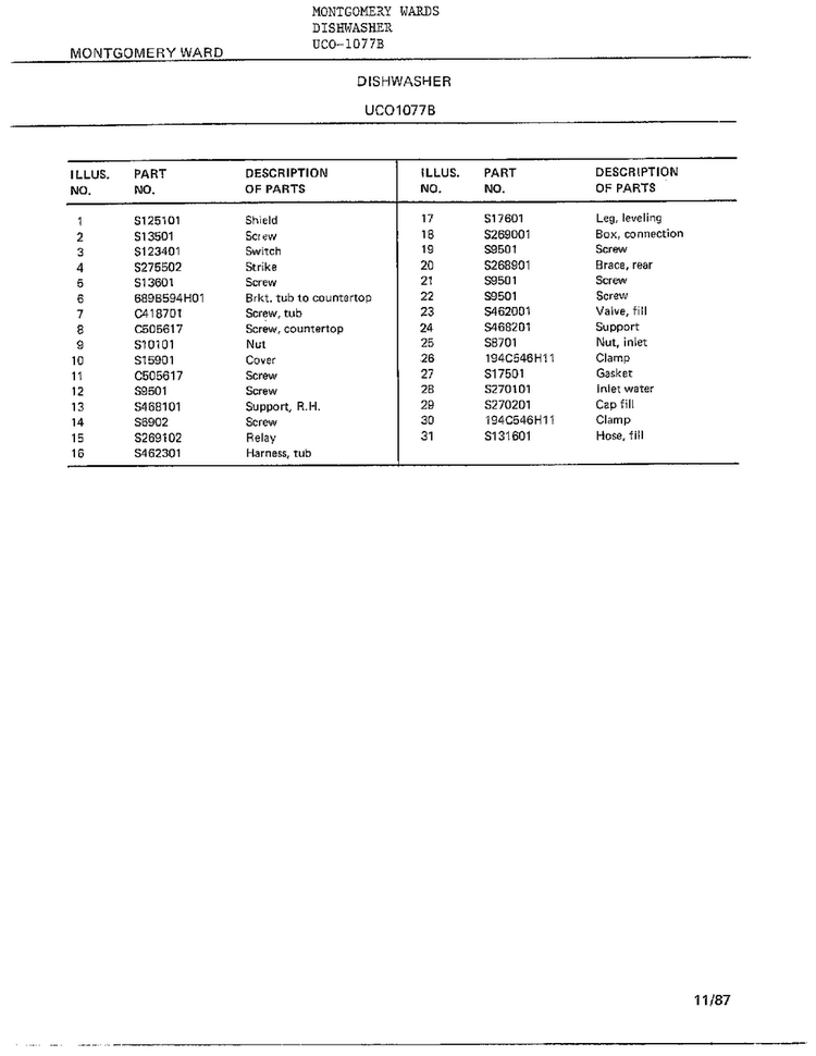 Dishwasher Page 7 Diagram and Parts List for 1077B  Frigidaire Dishwasher