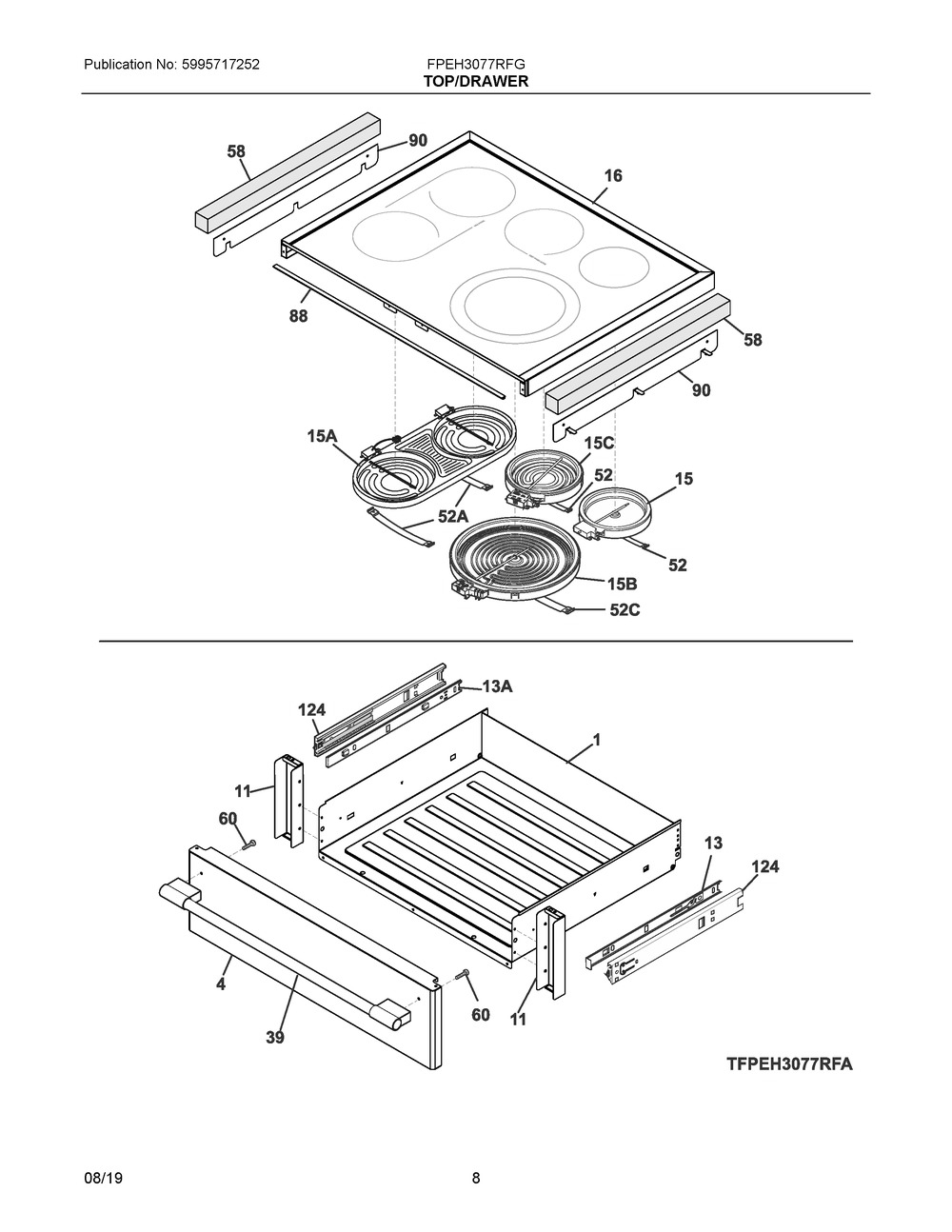 Top/drawer Diagram and Parts List for FPEH3077RFG  Frigidaire Range