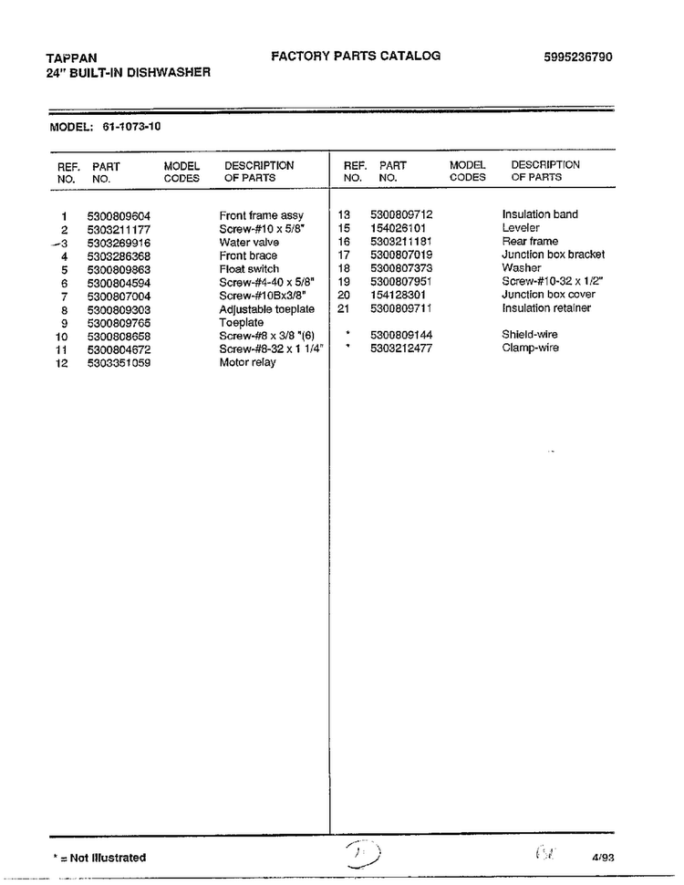 Parts List Diagram and Parts List for 61-1073-10  Frigidaire Dishwasher